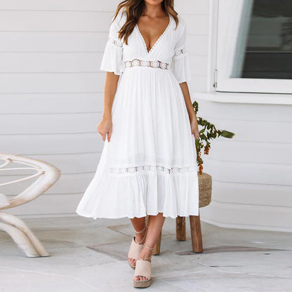 JuliaFashion - Summer White Long Women Boho Hollow Out A Line Ruffles Short Sleeve V-Neck Loose Fashion Casual Elegant Woman Dress