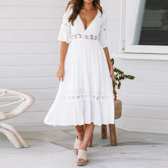 JuliaFashion - Summer White Long Women Boho Hollow Out A Line Ruffles Short Sleeve V-Neck Loose Fashion Casual Elegant Woman Dress