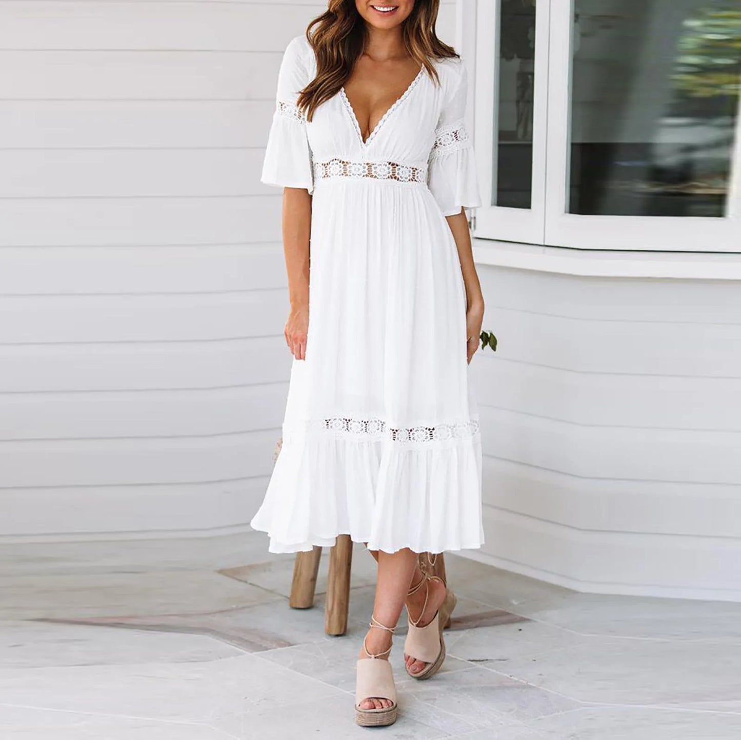 JuliaFashion - Summer White Long Women Boho Hollow Out A Line Ruffles Short Sleeve V-Neck Loose Fashion Casual Elegant Woman Dress