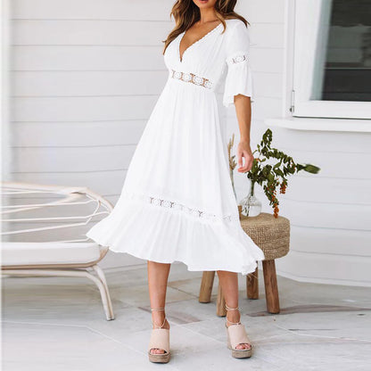 JuliaFashion - Summer White Long Women Boho Hollow Out A Line Ruffles Short Sleeve V-Neck Loose Fashion Casual Elegant Woman Dress