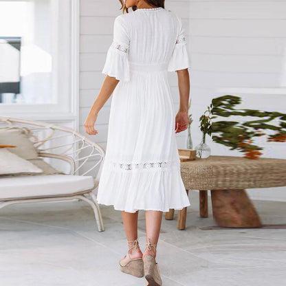 JuliaFashion - Summer White Long Women Boho Hollow Out A Line Ruffles Short Sleeve V-Neck Loose Fashion Casual Elegant Woman Dress