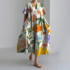 Fashion Floral Printed Short Sleeve Dinner Floral Dress yellow1 / S oldfloraldress-250126