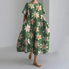 Fashion Floral Printed Short Sleeve Dinner Floral Dress green3 / S oldfloraldress-250126