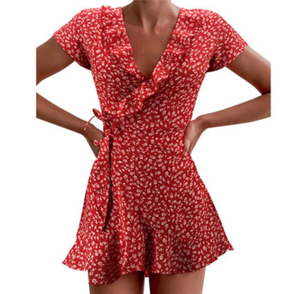 Julia Fashion - Women’s Floral A-Line Dress V-neck Bandage Short Chic Mini Dress