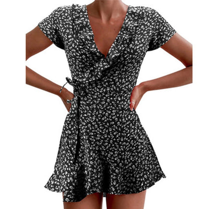 Julia Fashion - Women’s Floral A-Line Dress V-neck Bandage Short Chic Mini Dress