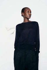 Color Contrasting Bow Bat Sleeve Cardigan