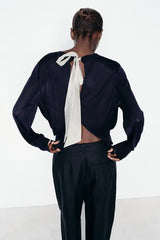 Color Contrasting Bow Bat Sleeve Cardigan Navy Blue / S