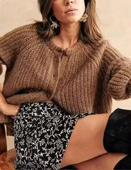 French Niche Solid Lazy Style Loose Cardigan Khaki / S