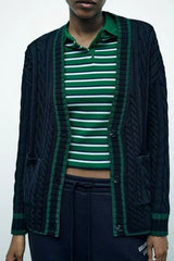 Lazy Style Contrasting V-neck Cardigan Blue / S