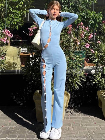 JuliaFashion - Bow Lace-Up Hollow Out Long Sleeve Jumpsuits