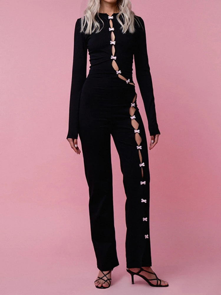 JuliaFashion - Bow Lace-Up Hollow Out Long Sleeve Jumpsuits