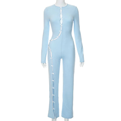 JuliaFashion - Bow Lace-Up Hollow Out Long Sleeve Jumpsuits