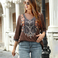 Vintage Floral Embroidery Loose Cotton Long Sleeve Boho Blouse bohoblouse-250126