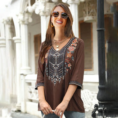Vintage Floral Embroidery Loose Cotton Long Sleeve Boho Blouse bohoblouse-250126