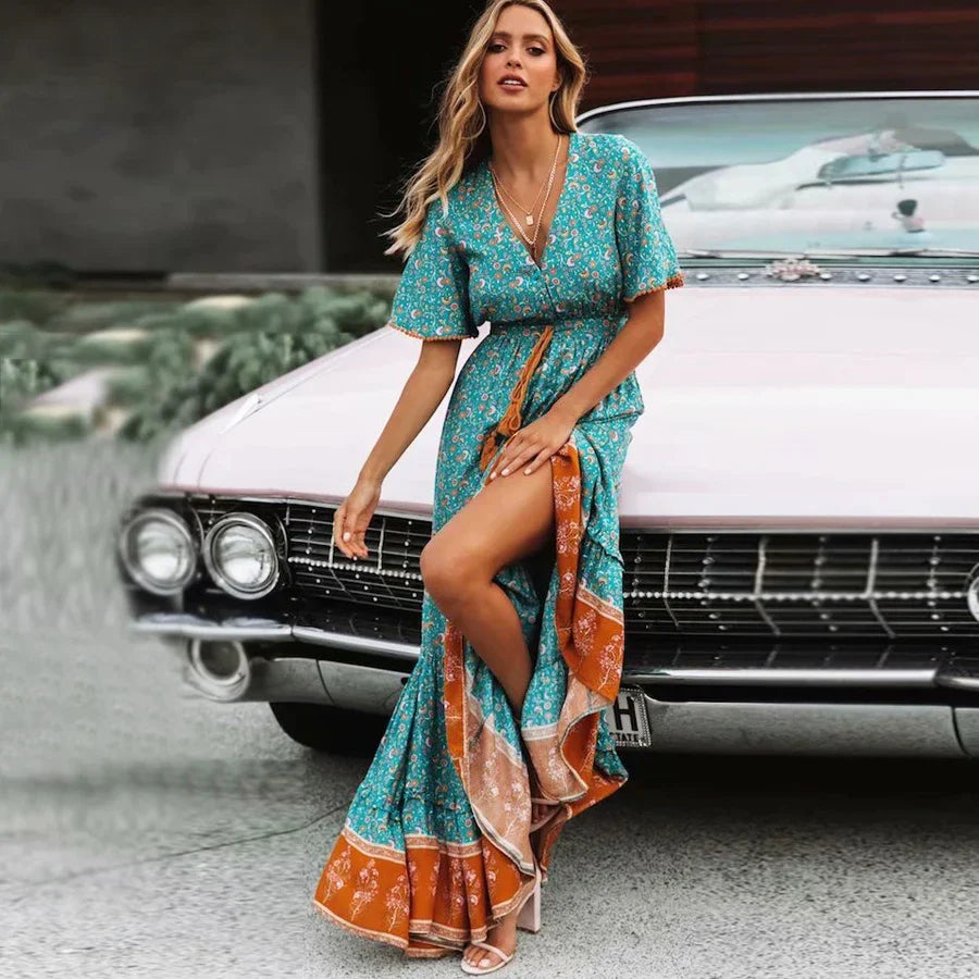 Deep V-neck Floral Boho Summer Dress bohodress-250126