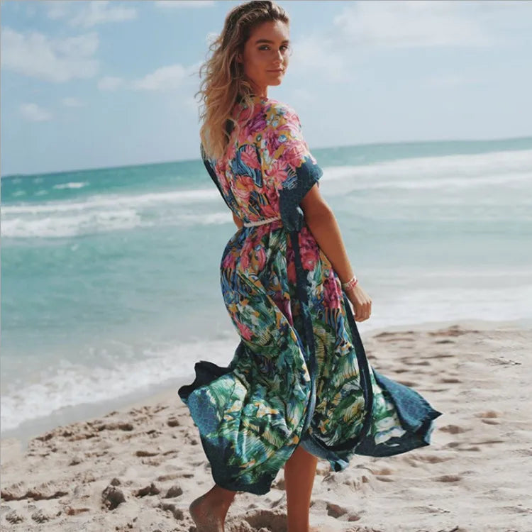 Side Split Kaftan Floral Print Boho Cover up foral pirnt / One Size bohocoverup-250126