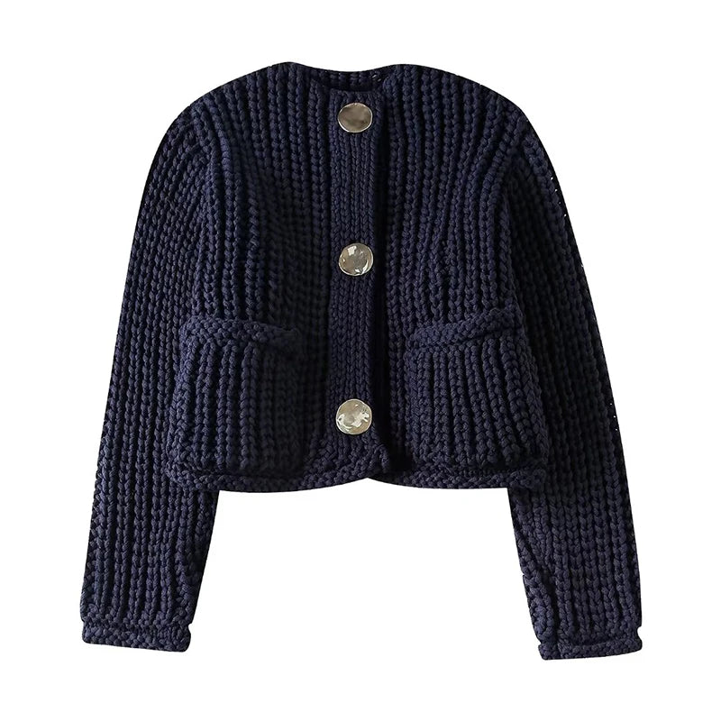 Navy Blue Knitted Sweater Coat with Pockets Cardigan