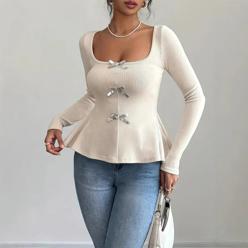 Bow Knit Casual Long Sleeve Ruffled Pullover Slim Knit Top knittop-250126