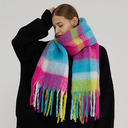 Thick Warm Tassel Contrast Color Scarf For Autumn/Winter Rainbow 231X42Cm Scarfs-L