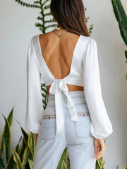 Deep V Cut Out Back Tie Backless Puff Sleeve White Blouse croptop-250126