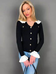 Elegant Patchwork Ruffle Long Sleeve Cardigan