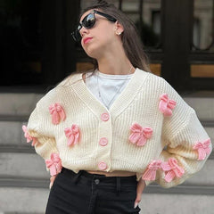 Embroidered Bow V-neck Cardigan
