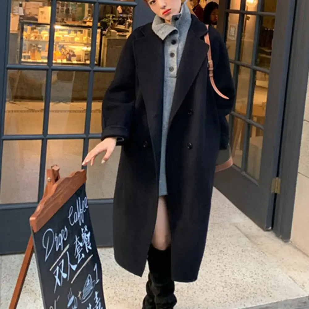 Casual Woolen Notch Collar Spring Overcoat Black / S