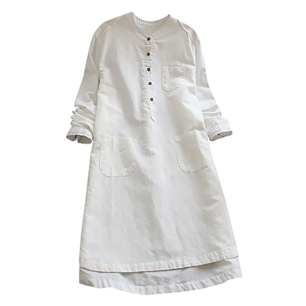 JuliaFashion - Tunic Shirt 2024 Spring Women Long Sleeve Botton Pocket Long Female Casual Solid Linen Cotton Retro Vestidos Dress