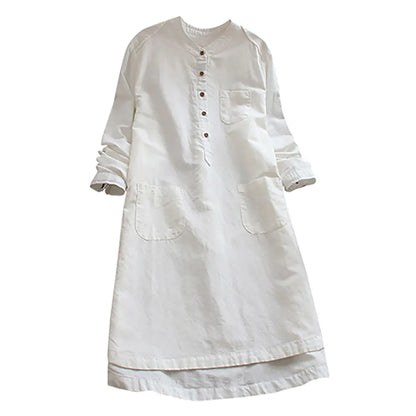 JuliaFashion - Tunic Shirt 2024 Spring Women Long Sleeve Botton Pocket Long Female Casual Solid Linen Cotton Retro Vestidos Dress