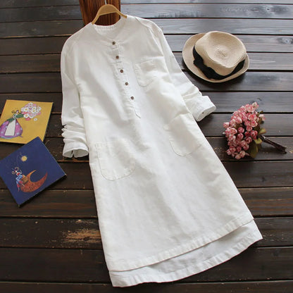 JuliaFashion - Tunic Shirt 2024 Spring Women Long Sleeve Botton Pocket Long Female Casual Solid Linen Cotton Retro Vestidos Dress