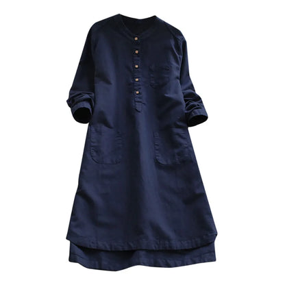 JuliaFashion - Tunic Shirt 2024 Spring Women Long Sleeve Botton Pocket Long Female Casual Solid Linen Cotton Retro Vestidos Dress