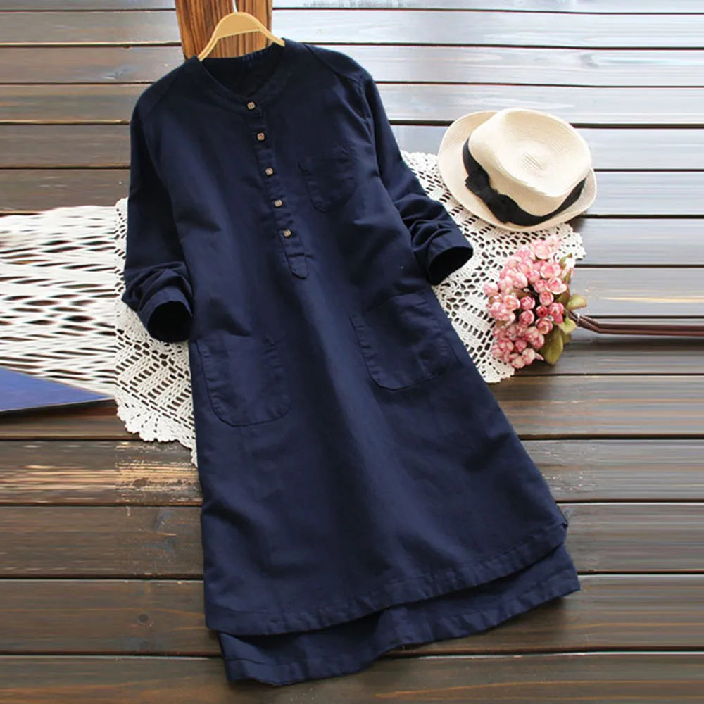 JuliaFashion - Tunic Shirt 2024 Spring Women Long Sleeve Botton Pocket Long Female Casual Solid Linen Cotton Retro Vestidos Dress