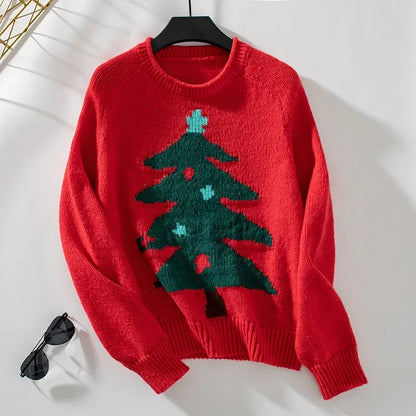 Knitted Autumn Winter Christmas Tree Pattern Long Sleeve Oversized Sweater Red / S Sweaters-L
