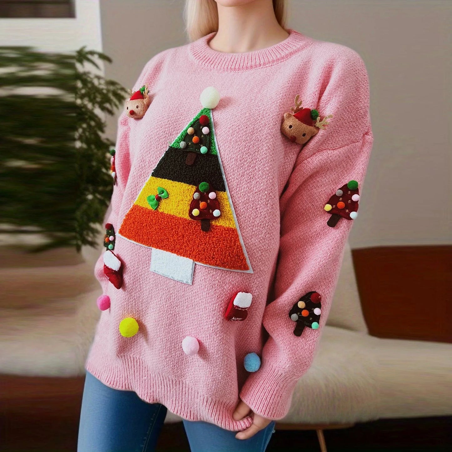 Christmas Tree Jacquard Three Decorated Round Neck Long Sleeve Fleece Sweater Pink / S Sweaters-L