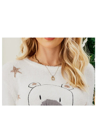 Ugly Christmas Cartoon Bear Embroidery Holiday Autumn Winter Sweater Sweaters-L