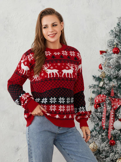 Winter Warm Couples Knit Round Neck Reindeer Pattern Classic Knitwear Christmas Sweater Sweaters-L