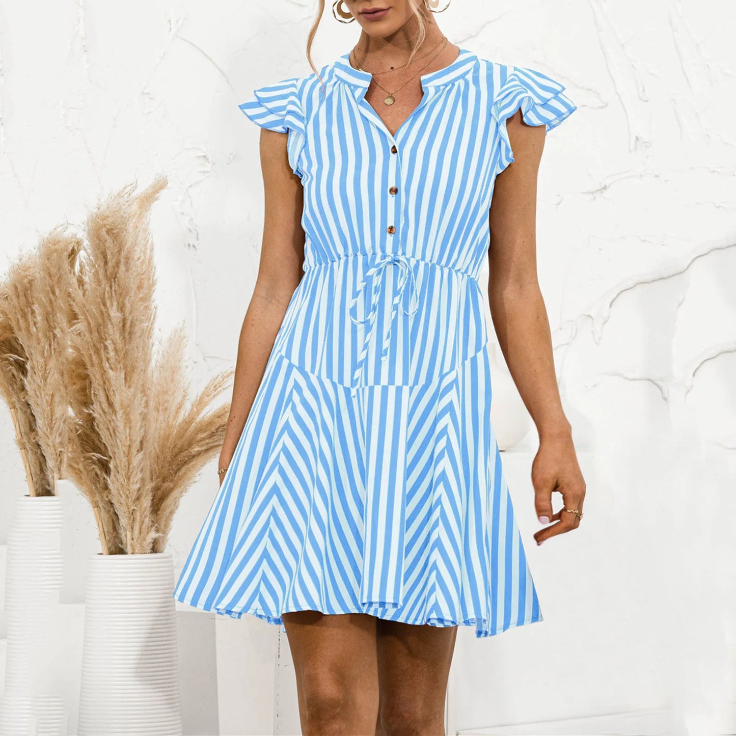 JuliaFashion - V-Neck Striped Women Fashion Flying Sleeve Mini Work Button Bowknot Casual For Women Summer Party Vestidos Dress