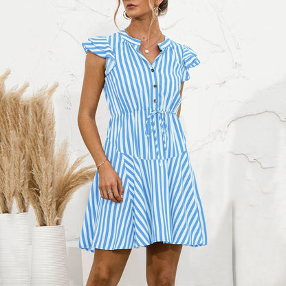 JuliaFashion - V-Neck Striped Women Fashion Flying Sleeve Mini Work Button Bowknot Casual For Women Summer Party Vestidos Dress