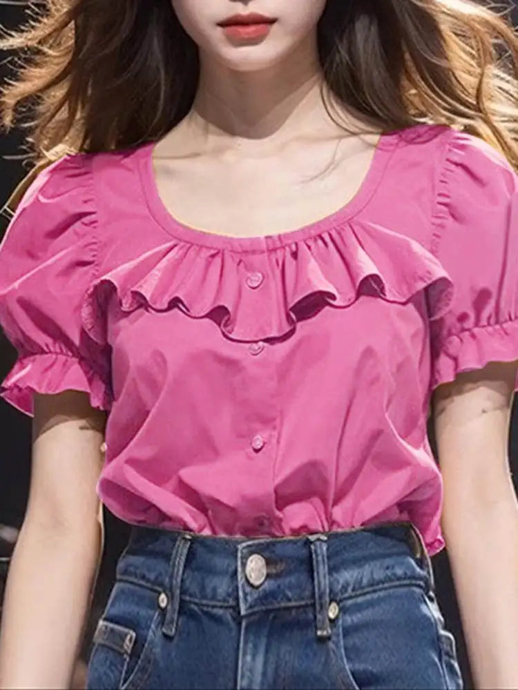 Ruffled Solid Puff Sleeve Casual Tunic Blouse Dark Pink / S blouse-250126