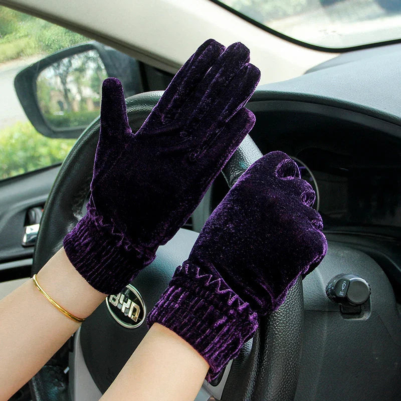 Gold Velvet Winter Full Finger Christmas Gloves - Soft And Comfortable Purple Gloves-L
