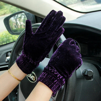 Gold Velvet Winter Full Finger Christmas Gloves - Soft And Comfortable Purple Gloves-L