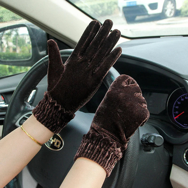 Gold Velvet Winter Full Finger Christmas Gloves - Soft And Comfortable Brown Gloves-L