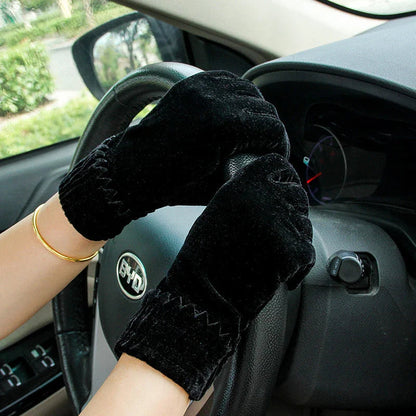 Gold Velvet Winter Full Finger Christmas Gloves - Soft And Comfortable Black Gloves-L