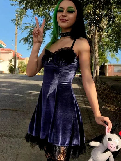 Velvet High Aesthetic Vintage Black Gothic Party Waist Strap Sexy Spaghetti Elegant Dress