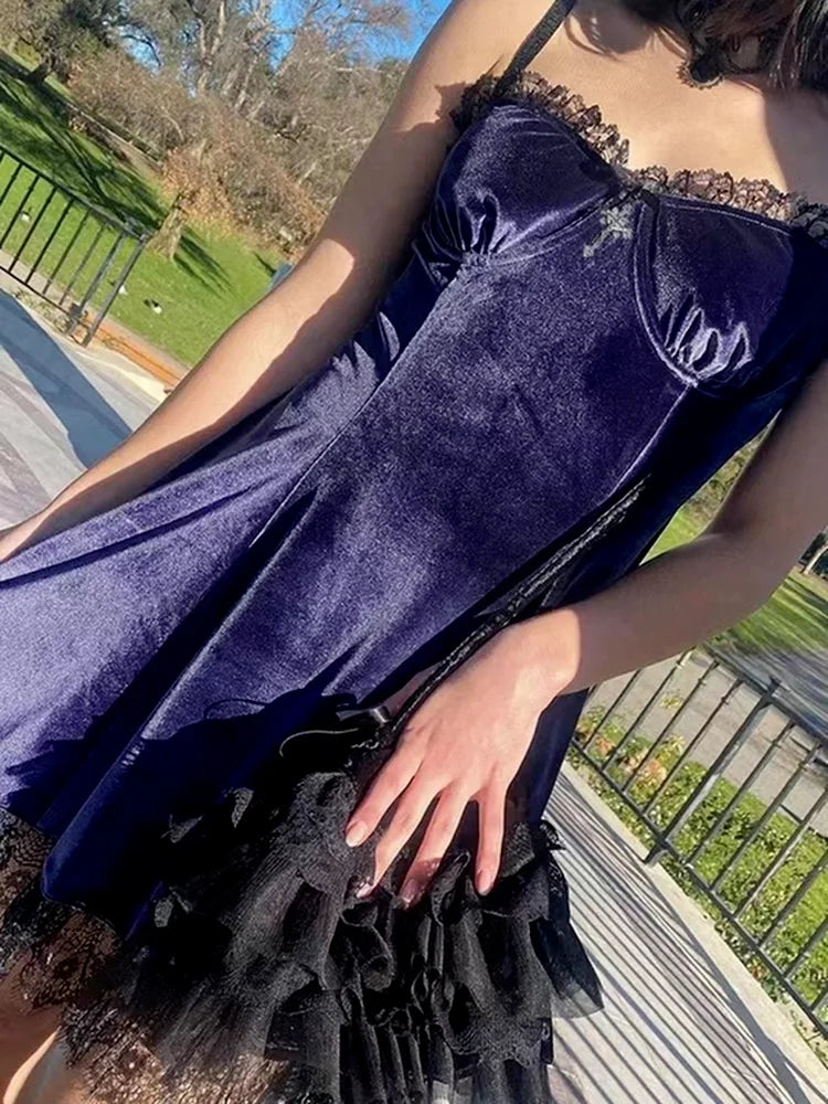 Velvet High Aesthetic Vintage Black Gothic Party Waist Strap Sexy Spaghetti Elegant Dress
