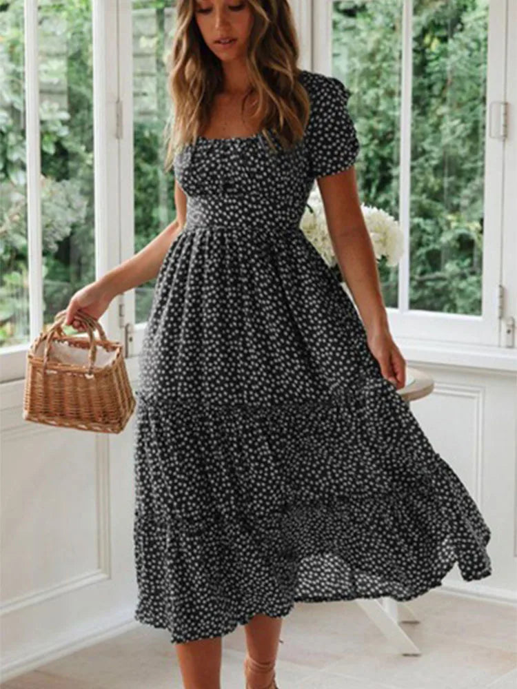 Julia Fashion - Vintage Print Puff Sleeve Square Collar Mini Dress