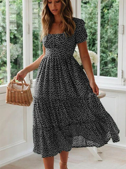 Julia Fashion - Vintage Print Puff Sleeve Square Collar Mini Dress