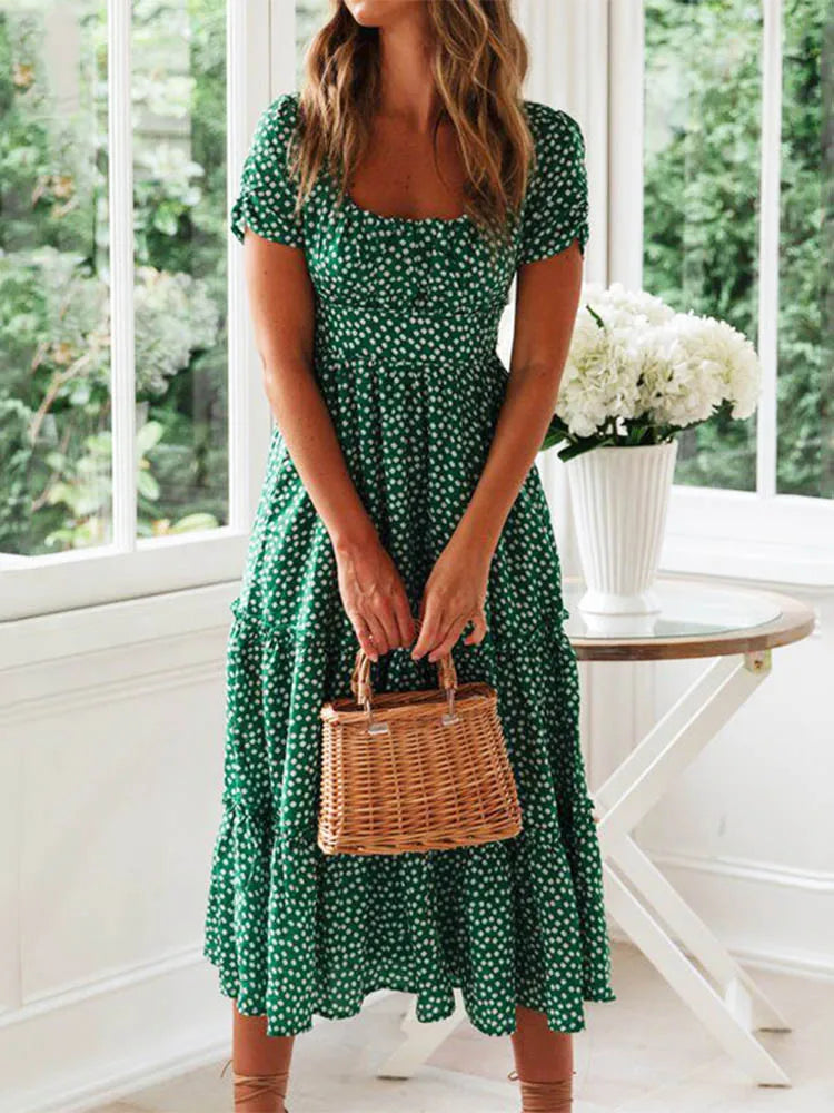 Julia Fashion - Vintage Print Puff Sleeve Square Collar Mini Dress
