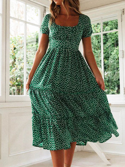 Julia Fashion - Vintage Print Puff Sleeve Square Collar Mini Dress