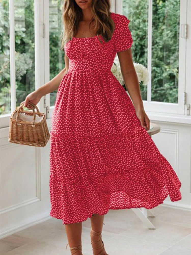 Julia Fashion - Vintage Print Puff Sleeve Square Collar Mini Dress